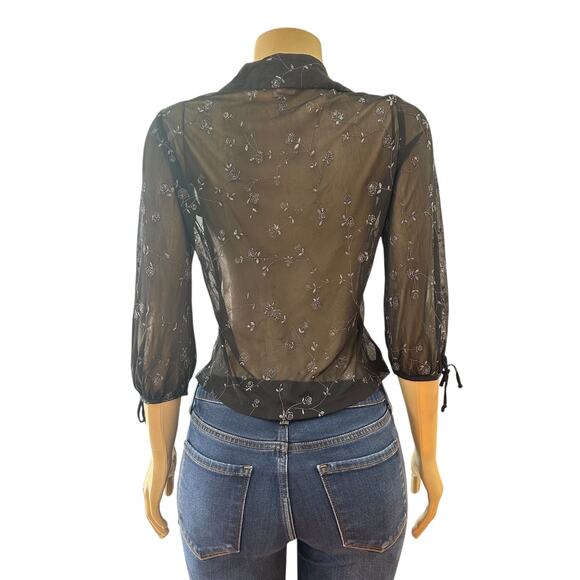 Vintage Womens Sheer Button Front Top Size L Black Y2K Whimsigoth Floral Grunge - Picture 7 of 14